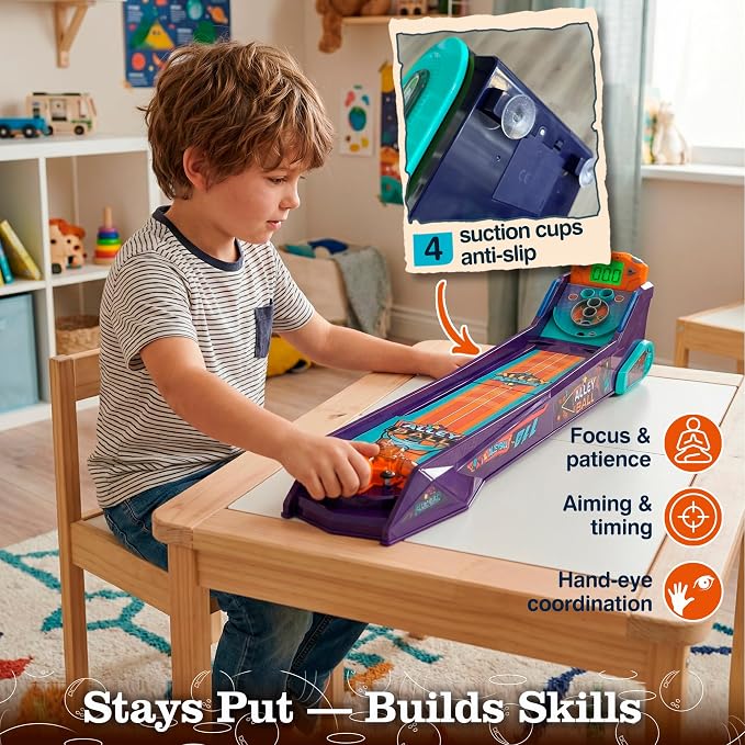 Alley Ball Game — Electronic Roll & Score Tabletop Arcade, Auto Scoring with Lights & Sound, Pull-Handle Launcher — 1-2 Players, Mini Arcade Game for Kids