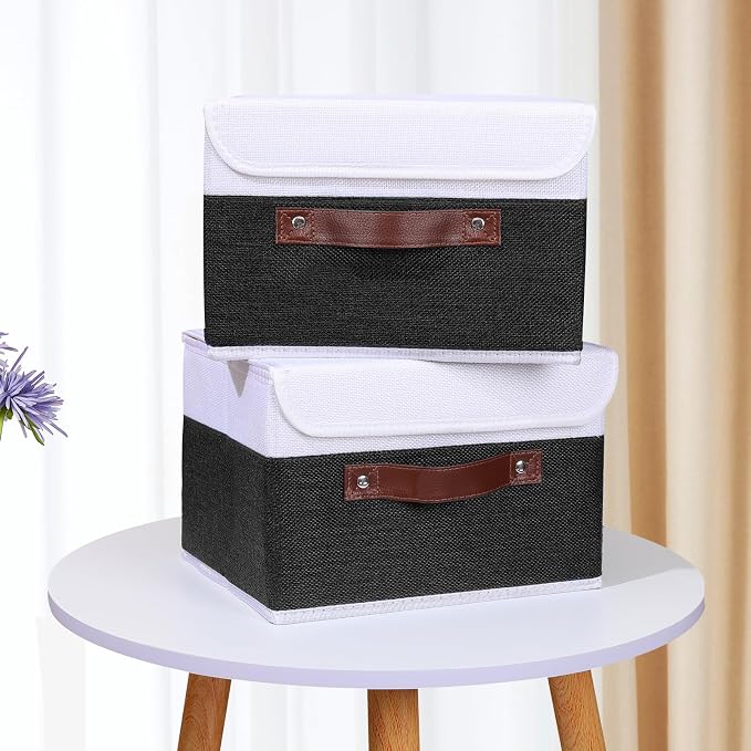 ANMINY Fabric Storage Box Bins with Lids, Black White, 10"x8"x7", 2 Pack | Keepsake Memory Storage, Cotton Linen, PP Board Reinforced, Washable, PU Handles, Foldable & Stackable, Decorative, Small