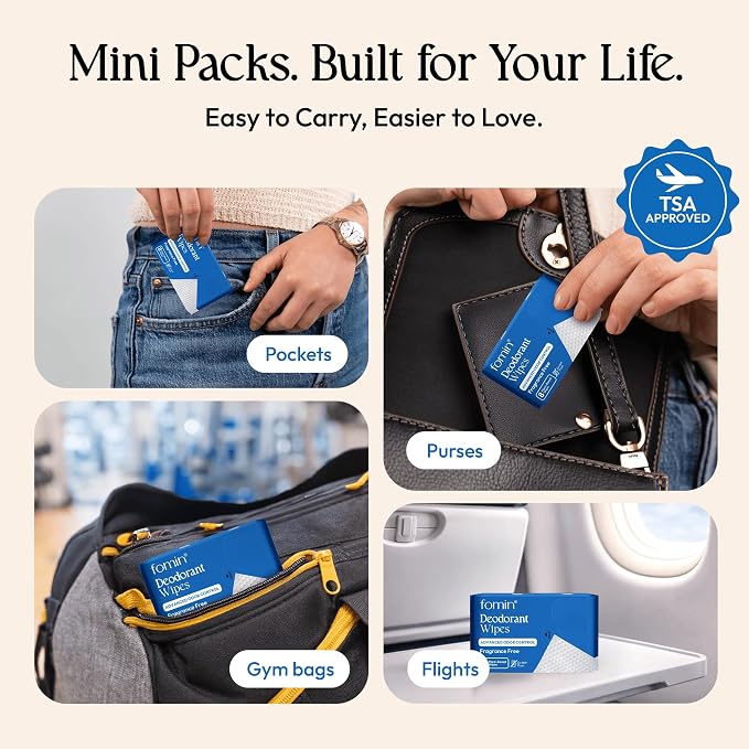 FOMIN Acidified Travel Deodorant Mini Wipes For Women & Men- Fragrance Free - 288 Count - pH Balanced, Biodegradeable Mini Deodorant Travel Size Wipes - Plastic-Free, Underarm Body Wipes
