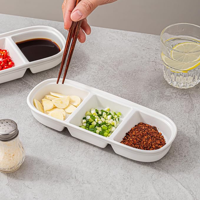 2PCS Ceramic Dishes, Ceramic Dish Stainless Steel Soy Tomato Sauce Salt Vinegar Sugar Spices Flavor Condiment Dip Bowls Korean BBQ Home Kitchen Plates, 3 Compartment Sauce Dish (3 Grids White)