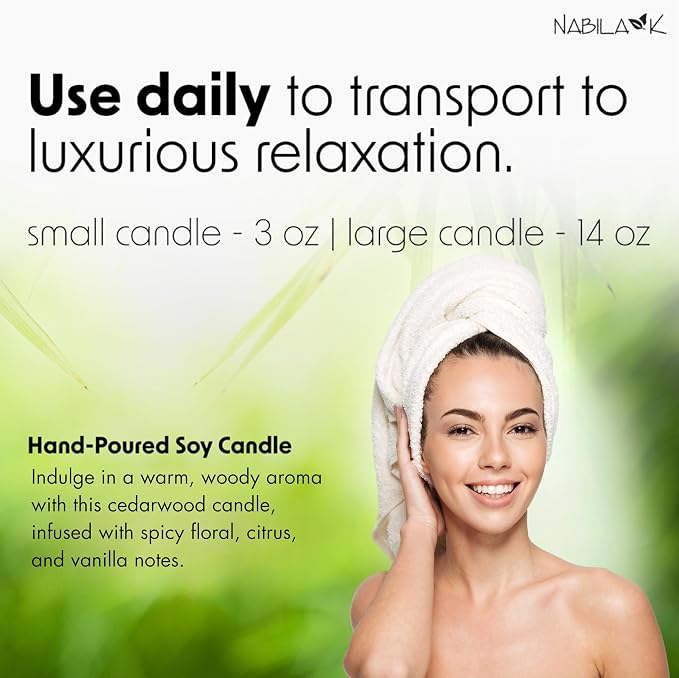 Nabila K - Cedarwood - Soy Candle with Essential Oils - Hand-Poured in USA - Cotton Wick - Aromatherapy - Blend of Cedarwood, Patchouli, Eucalyptus, Vanilla, Lemon, Eucalyptus & More - 14 oz
