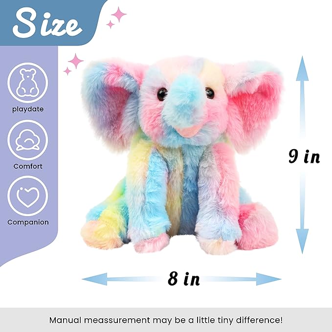 Hopearl Adorable Plush Calf Elephant Toy Floppy Elephish Ultra Soft Stuffed Animal for Boys Girls Kids Toddlers, Rainbow, 9''