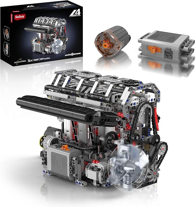 Sosuy Inline-4 (L4) Motorized Building Block Engine Model Kit – Electric Drive, Realistic Working Replica, STEM Engineering Educational Toy Gift for Kids & Adults