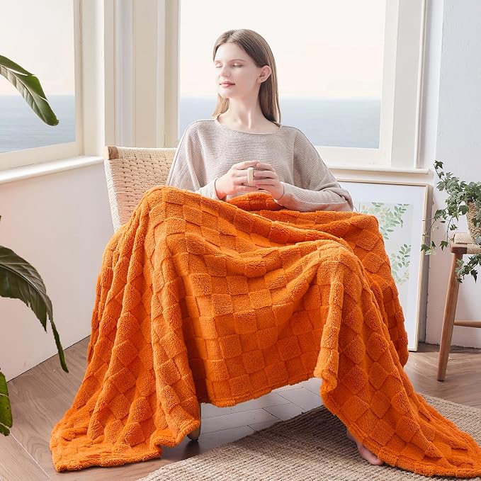 NEWCOSPLAY 3D Checkered Flannel Twin Blanket, Orange Checkered, 60"x80" | Super Soft Cute Lightweight Decorative Premium Silky Fleece Blanket for Couch Sofa Bed, Gift for Women Men, All Season Use