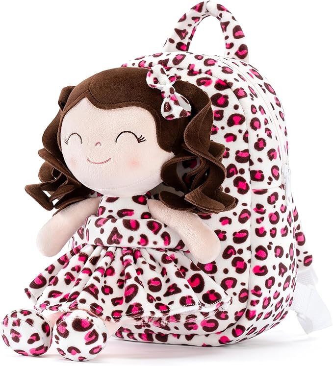 Gloveleya Girls Backpack Baby Gifts - Curly Hair Plush Removable Doll, Birthday Gift for Baby Girl Age 1-3, Preschool Daycare Essentials Carrier, Cute Pink Leopard Print 9"