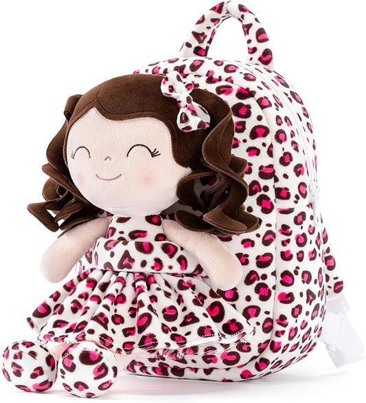 Gloveleya Girls Backpack Baby Gifts - Curly Hair Plush Removable Doll, Birthday Gift for Baby Girl Age 1-3, Preschool Daycare Essentials Carrier, Cute Pink Leopard Print 9"
