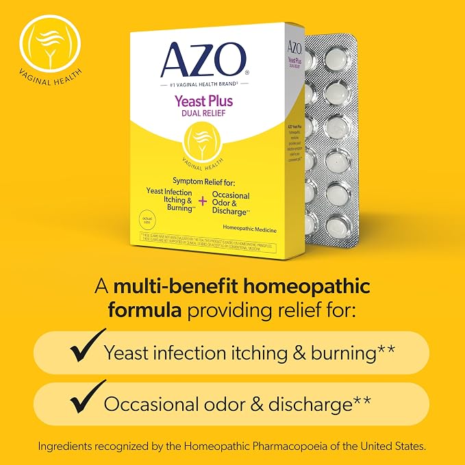 AZO Yeast Plus Dual Homeopathic Yeast Infection Symptom Relief for Women–Vaginal Itching & Burning + Odor & Discharge, Intimate Health Tablets, 2 Pack (60 Count x2), from the #1 Vaginal Health Brand!
