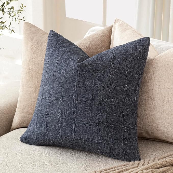 Foindtower Set of 2 Decorative Linen Check Throw Pillow Covers Neutral Farmhouse Vintage Cushion Covers Modern Boho Home Decor for Sofa Chair Couch Bedroom Living Room,20×20 Inch,Navy Blue