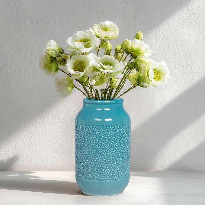 9 Inch Blue Ceramic Vase for Flowers - Textured Teal Cylinder Vase for Table Centerpieces, Modern Boho Vases Home Decor, Living Room, Kitchen Decor