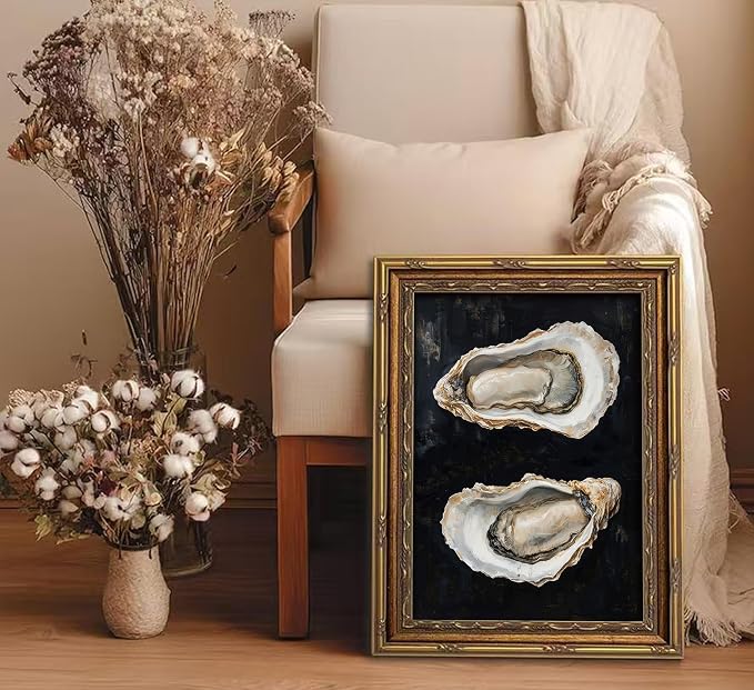 Vintage Gold Framed Oyster Wall Art Dark Moody Seafood Shell Shel Painting Canvas Print Black Background Seafood Still Life Picture Wall Decor Oyster Paintings Poster Artwor for Kitchen Dining