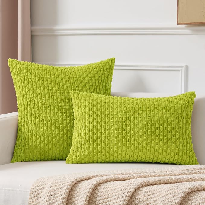 Kevin Textile Soft Corduroy 12"x24" Lumbar Pillow Cover 1 Pack, Xmas Green | Boho Stripe Plush Corduroy Decorative Oblong Cushion Cover Modern Farmhouse Home Decor for Sofa Couch Bed Chair