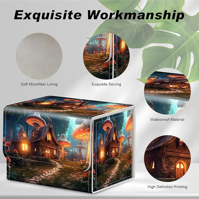 DEGDFSGR Card Game Storage Box for TCG MTG Commander Deck Box Organizer Trading Card Case Magnetic Closure Creative Pattern Up to 200 Cards, A Magical Mushroom Village
