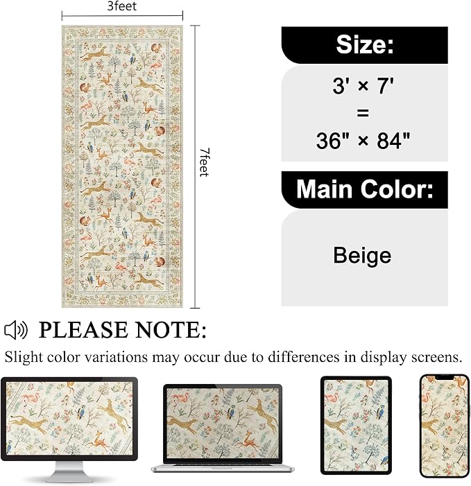 DUKINO 3x7 Hallway Runner Rug, Non Slip Animal Kitchen Runner Rug, Beige | Soft, Low Pile, Stain Resistant Indoor Carpet Runner for Entryway, Bedroom, Bathroom, Laundry, Pet Friendly, Home Decor