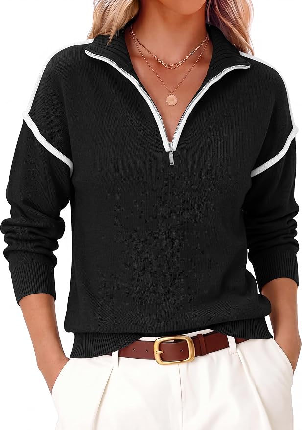 ANRABESS Womens Quarter Zip Sweaters Fall Long Sleeve V Neck Shirts Collared Business Casual Tops Knit Pullover Sweatshirts