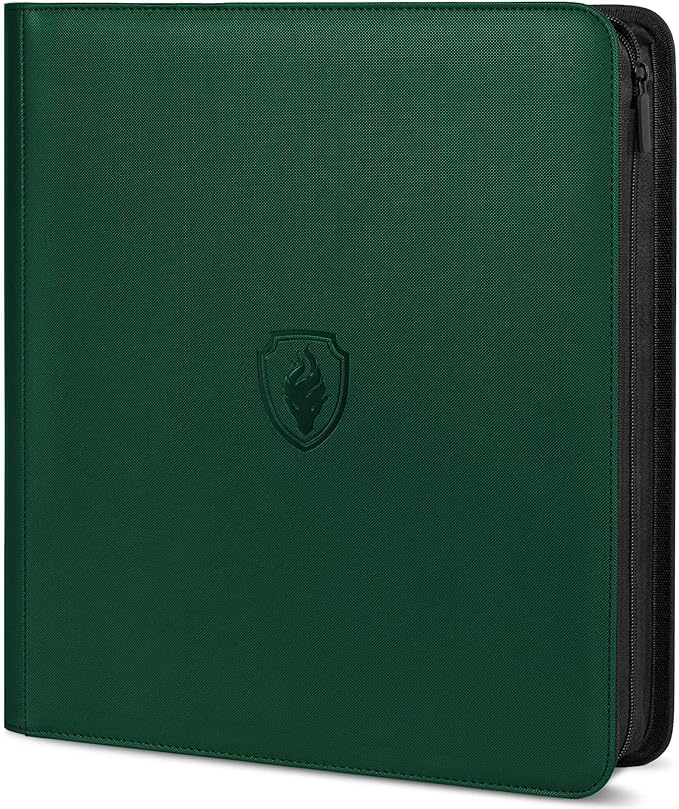 Premium Zip Card Binder 12 Pocket, Fabmaker 912 Pockets Trading Card Binder, PU Zipper Card Collection Album, Sturdy Side-Loading Card Book Holder for Game & Sports Cards, Green