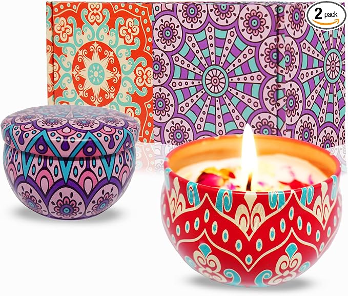 Scented Candles Gift Set - Aromatherapy Candle for Home, Portable Hotel Small Candles, Natural Soy Wax Tin Jar for Yoga, Bath, 2.5 Oz Long Lasting Time Gift for Women 2 Pack