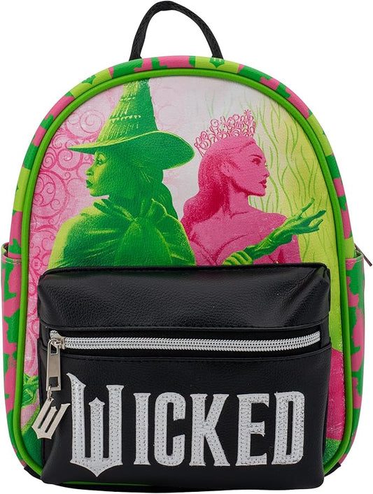 AI ACCESSORY INNOVATIONS Wicked, Elphaba & Glinda Mini Cosplay PU Backpack Purse, Shoulder Bag with Epoxy Filled Metal W Charm, 10.5 Inch, Faux Leather