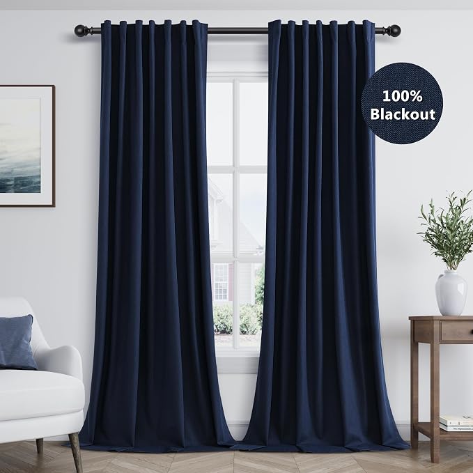 Guken Navy Blue 100% Blackout Curtains 84 Inch Length 2 Panels Set for Living Room Bedroom Back Tab Thermal Insulated Black Out Linen Drapes Room Darkening Window Curtains 84 Inches Long