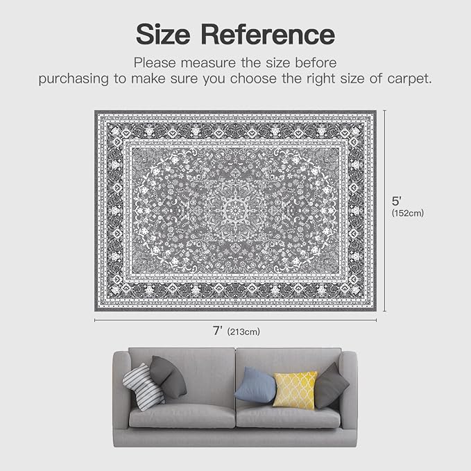 5x7 Area Rugs for Living Room, Washable Non-Slip Rug, Oriental Light Grey | Area Rugs for Bedroom, Low Pile Area Rug for Kitchen, Dining Room, Home Office, Vintage Oriental Print Rug
