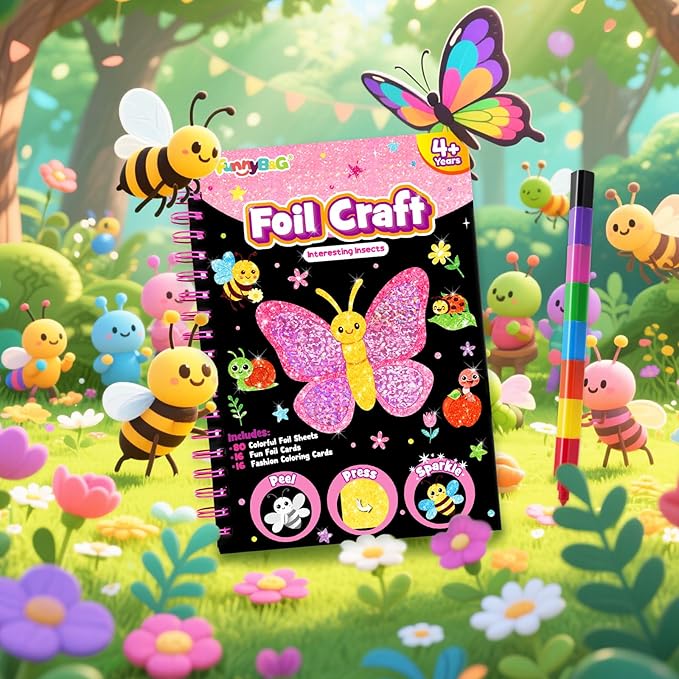 FUNNYB&G Foil Art Crafts for Kids Ages 4-8: Valentines Crafts for Kids 2026,Birthday Gift for Girls,Art and Crafts Supplies,Party Favors,Creative Toys for Girls Boys 4 5 6 7 8 9 Years Old(Insects)