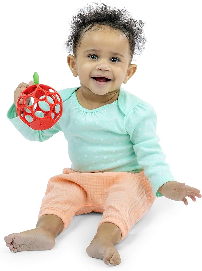 Bright Starts Oball Easy Grasp Red Apple Teether Toy, Hold My Own Collection, BPA Free, Unisex, Newborn and Up