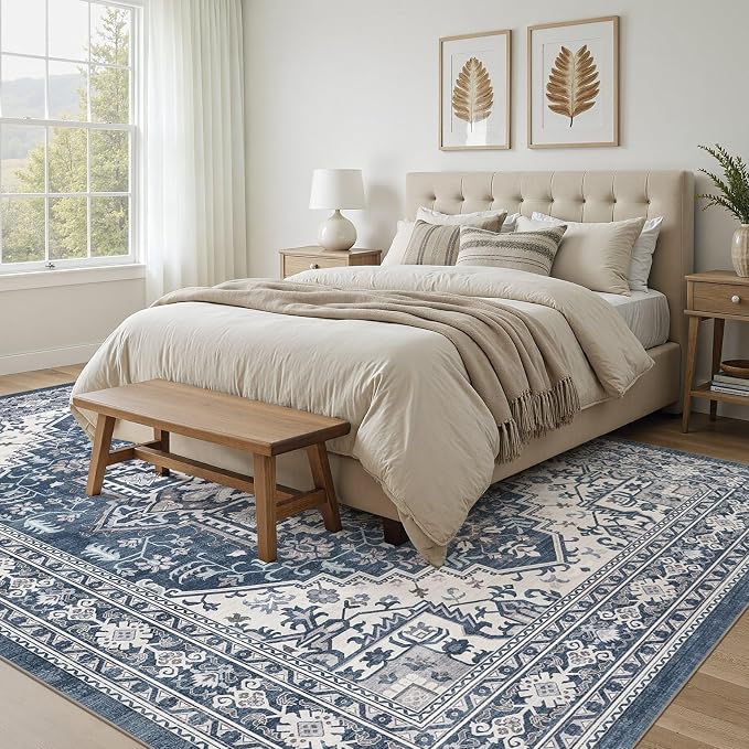 UERMEI 9x12 Area Rug for Living Room - Washable Vintage Carpet, Non-Slip Soft Large Indoor Floor Rugs for Bedroom Home Office & Under Dining Table Decor, Denim Blue/White
