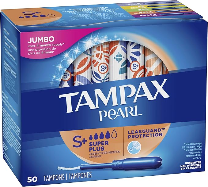 Tampax Pearl Tampons with Plastic Applicator, Super Plus Absorbency, Unscented, 50 Count - Pack of 6 (300 Count Total)