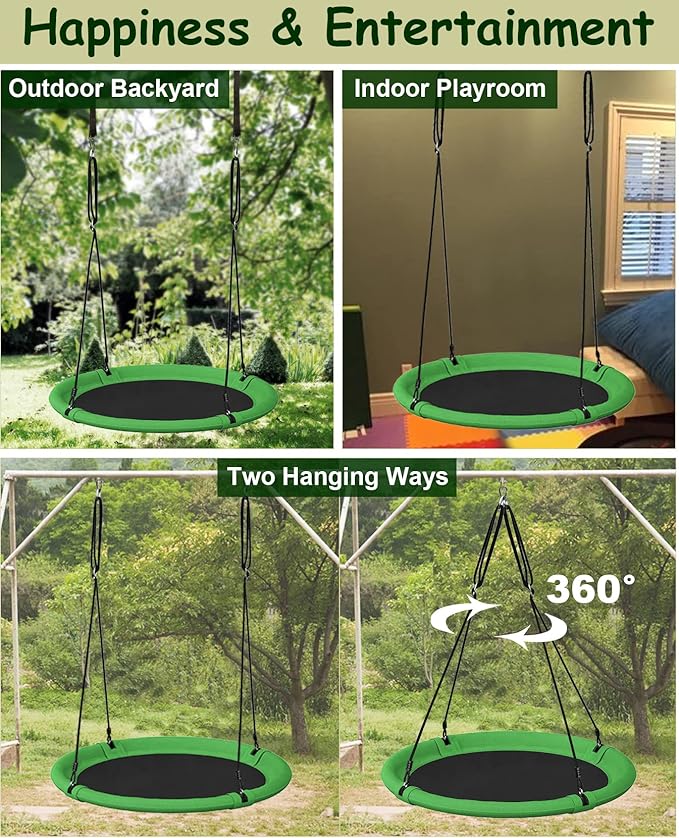 40 Inch Saucer Tree Swing Set for Kids & Adults, Adjustable Swing Sets for Backyard or Outdoor Playground, Green & Black, 1 Pack
