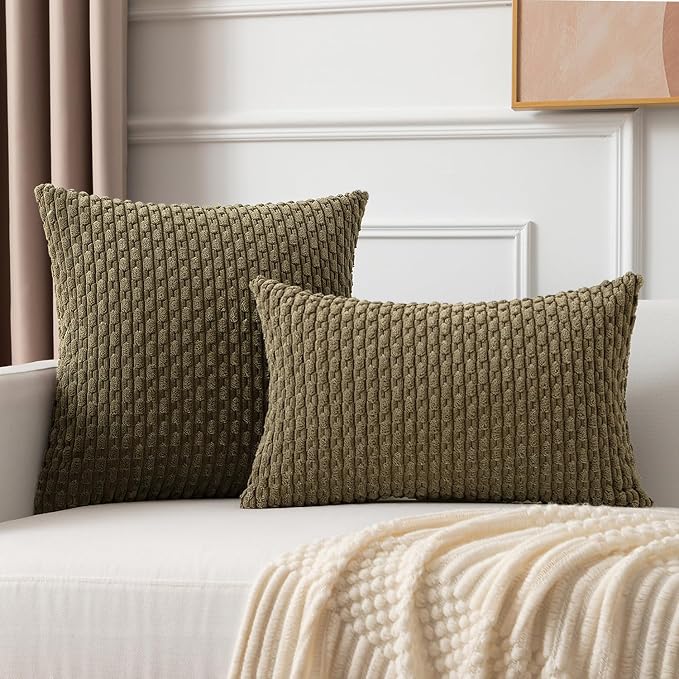 Kevin Textile Soft Corduroy 14"x24" Lumbar Pillow Cover 1 Pack, Olive Green | Boho Stripe Plush Corduroy Decorative Oblong Cushion Cover Modern Farmhouse Home Decor for Sofa Couch Bed Chair