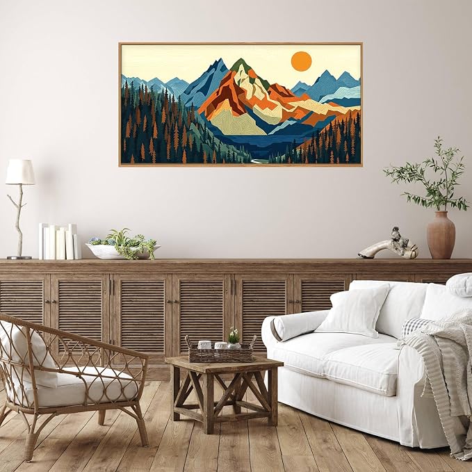 FWIEXA Vintage Mountain Framed Canvas Wall Art Set, Boho Sunrise Wall Prints, Abstract Nature Forest Artwork, Retro Lake Sunset Painting, 20x40 Inches Modern Rustic Decor for Living Room, Bedroom, Office