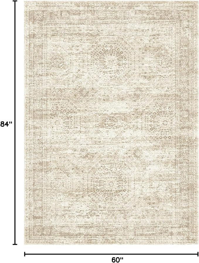 Soalmost 5x7 Area Rugs Beige Low Pile Washable Trendy Faded Style Rug | Vintage Non-Slip Indoor Accent for Bedroom Dining, Foldable Stain Resistant Floor Carpet Mat Under Table Home Office Decor
