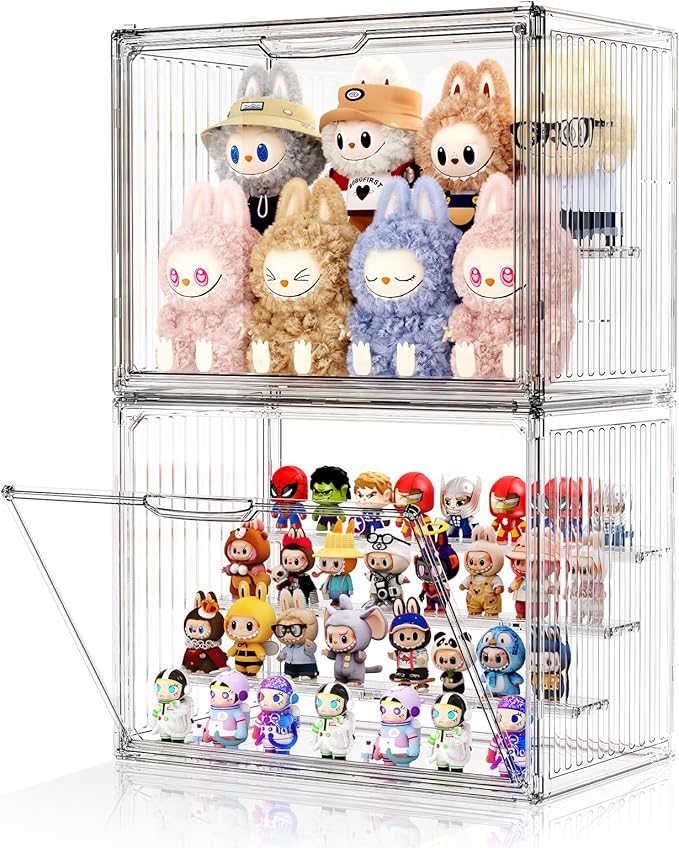 Clear Acrylic Figure Display Case for Collectibles 4 Layer Hobby Figurine Display Shelf Cases Stackable Display Boxes for Pop Mart, Funko Pop, Action Figures, Model, 2 Pack