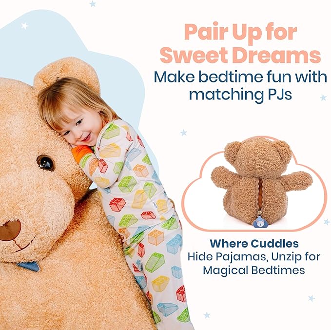 Zip N' Bear Soft Plush Teddy Bear Stuffed Animal with Building Dreams Pajamas - Zippy The Bear Cute Cuddly Plush Toy, Perfect Sensory Teddy for Kids, Toddlers - Adorable Gift & Bedtime Companion