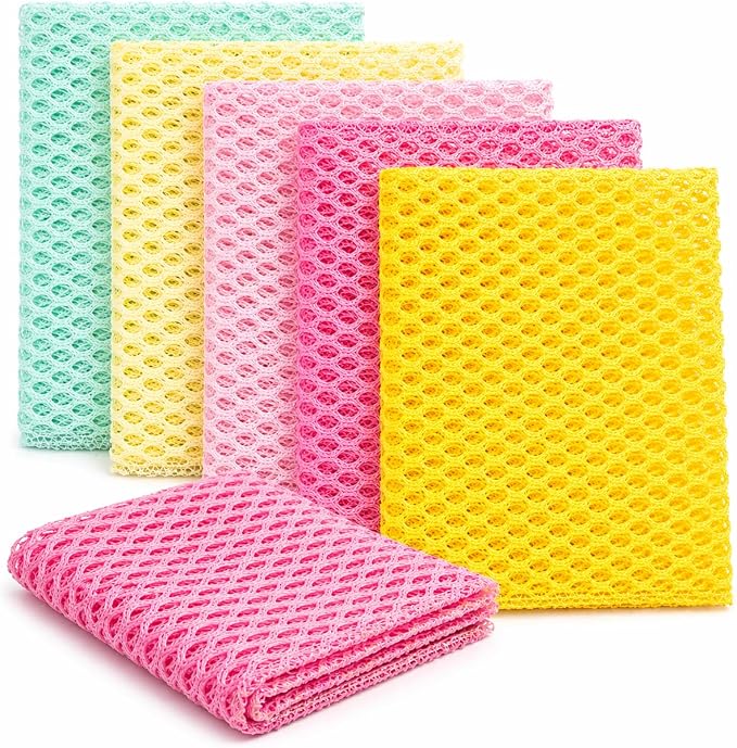 OliviaTree Dish Scrubber 5 Pack, Non Scratch Reusable Mesh Scrub Cloth for Washing Dishes Pots Pans Sink, Quick Dry Odor Resistant Sponge Alternative, Korean Kitchen Cleaning Pad 11 x 11 Inch