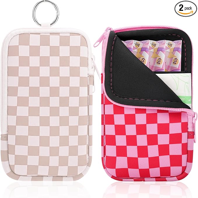 KJQJLY 2 Pack Portable Tampon Organizer Bag Tampon Holder & Storage Case with Zipper for Travel, Discreet Period Bag for Purse, Waterproof Feminine Products Pouch for Women (Checkered)