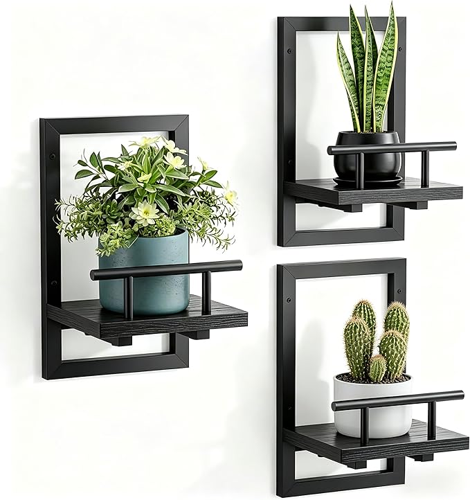 Sbosbo Floating Shelves for Wall Plant Shelf Indoor Wall Mounted Shelves | Wall Planters for Indoor Floating Plant Shelves for Bedroom, Living Room, Kitchen, Office, Bathroom Decor (Black, 3 Pack)