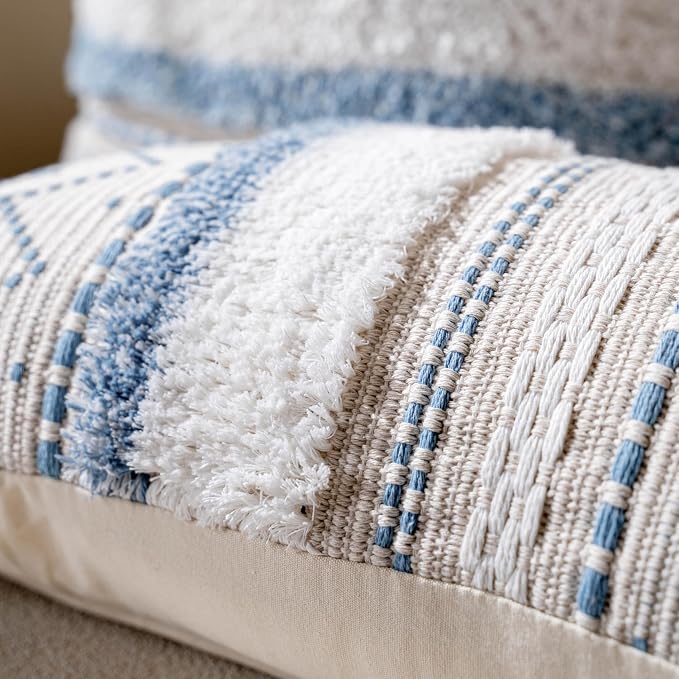 18X18 Throw Pillow Cover, Coastal Blue Square Decorative Cushion Cover, Boho Accent Pillowcase with Tassels for Couch Sofa Living Room (Cover Only)