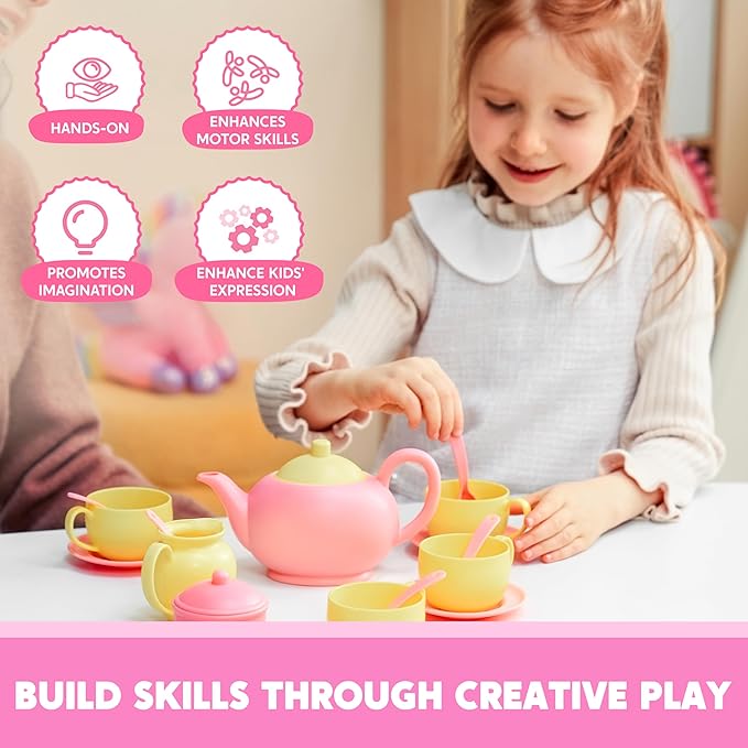 JOYIN 18PCS Pretend Role Play Tea Party Set, Pink Plastic Tea Set, Mini Kitchen for Kids, Gifts for Toddler Boys Girls, Gift for Christmas