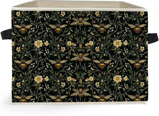 Moody Floral Bumblebee Storage Box Bins, Dark Cottagecore Honey Bee Botanical Collapsible Storage Basket Organizer for Bedroom Bathroom Home Clothes Books, Decor for Room