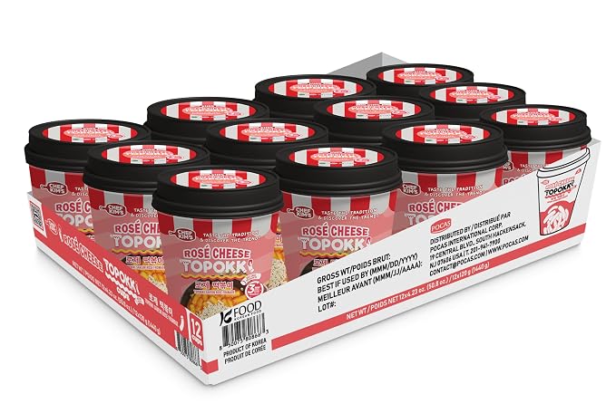 POCAS Chef Kim's Korean Instant Topokki Rice Cake Cups, Microwaveable Rice Cake Snack, Ready in 3 Minutes, 4.2 oz (120g) per Cup, 12 Tteokbokki Cups per Case, Authentic Korean Street Food. (Rosé Cheese)