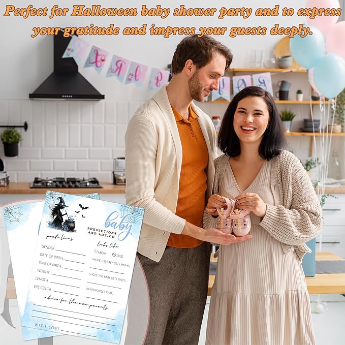 Hilarious Baby Shower Games, 25 Sets Halloween Baby Predictions, Blue Witch Gender Reveal Game Cards for Party Announcement Supplies - B02