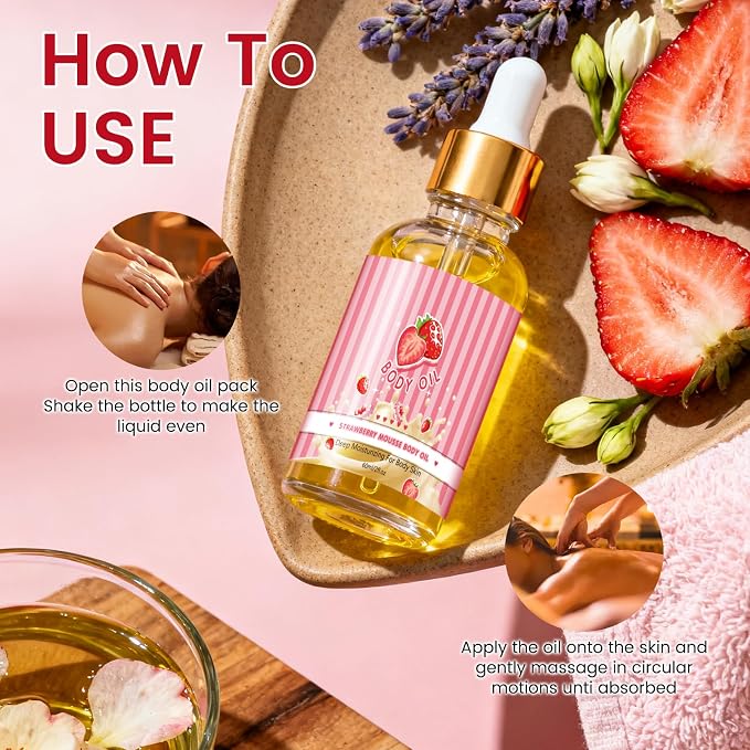 Strawberry Body Oil for Women Men,Moisturizing Strawberry Oil Skincare for Face Body,Hydrating,Nourishing,Soft,for All Skin Type(60ml)