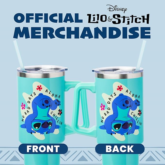 Silver Buffalo Disney Lilo and Stitch Aloha No Bad Days Chillin’ Double Walled Stainless Steel Tumbler with Handle and Straw, Fits in Standard Cup Holder, 40 Ounces