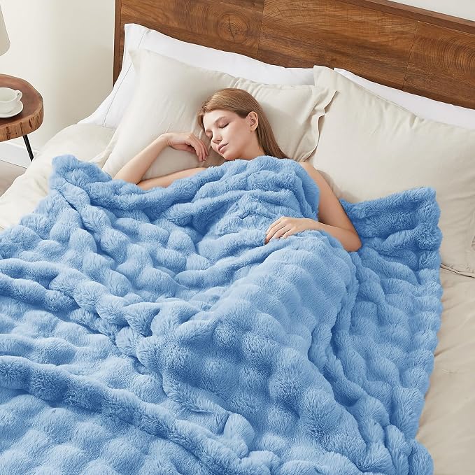 L'AGRATY Faux Rabbit Fur Throw Blanket for Couch, 50'' x 60'', Airy Blue | Soft Cozy Bubble Fluffy Blanket for Sofa Bed, Thick Warm Plush Fuzzy Throw for Room Home Decor, Luxury Gift for Women Mom