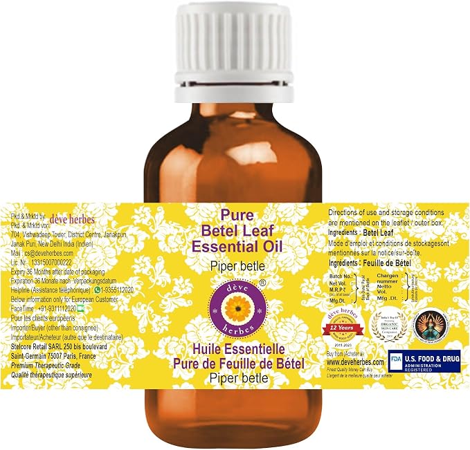Deve Herbes Pure Betel Leaf Essential Oil (Piper betle) Steam Distilled 10ml (0.33 oz)