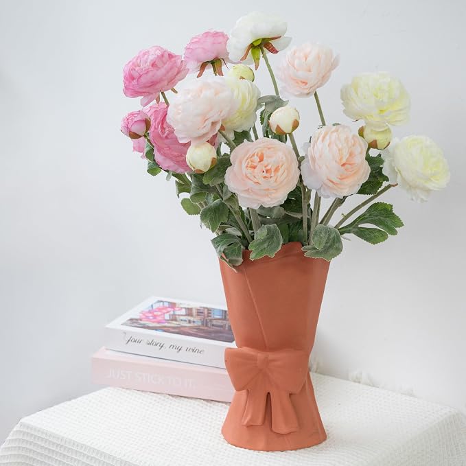 Relexome Pink Ceramic Bow Vase 9.64 in Unique Cute Modern Decorative Bouquet Flower Vases for Home Living Room Table Decor Women Girl Gifts