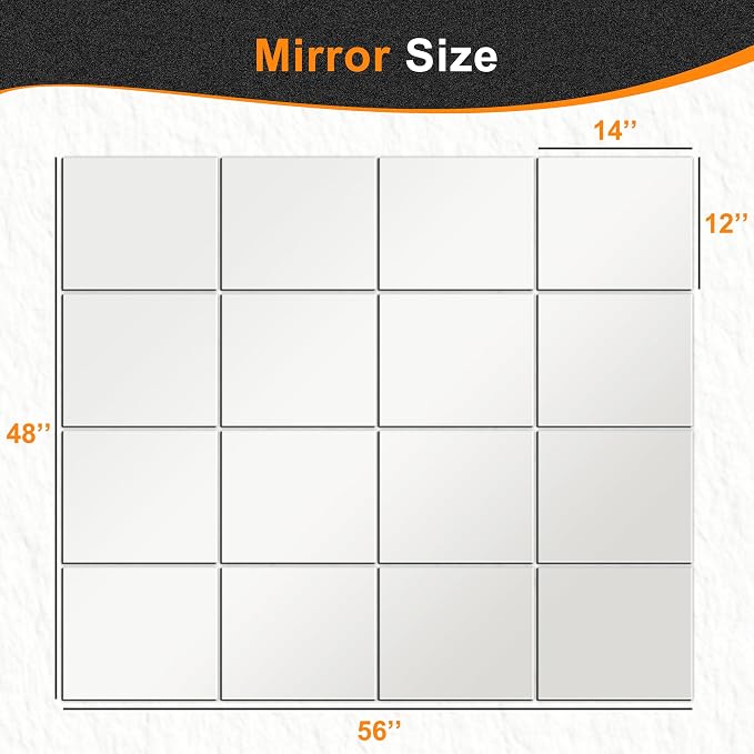 Delma Home Gym Mirror Tiles, 14'' x 12'' Glass Frameless Mirror | 16 PCS, For Home Gym, Bedroom, Door, Bathroom