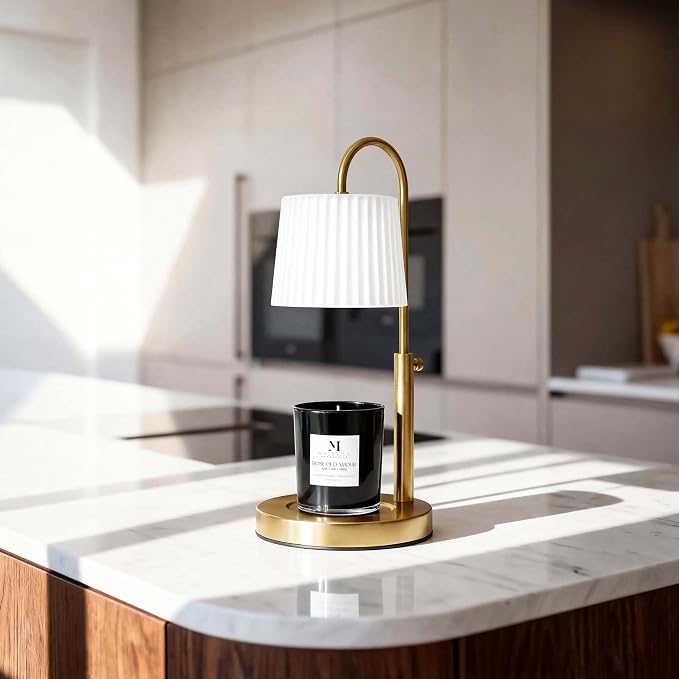 Candle & Warmer Set – 8.5 oz Coconut Blend Luxury Candle + Hand Blown Glass Lamp Warmer | Flameless Aromatherapy | Modern Self-Care Gift Set (Gold, Rose Oud)