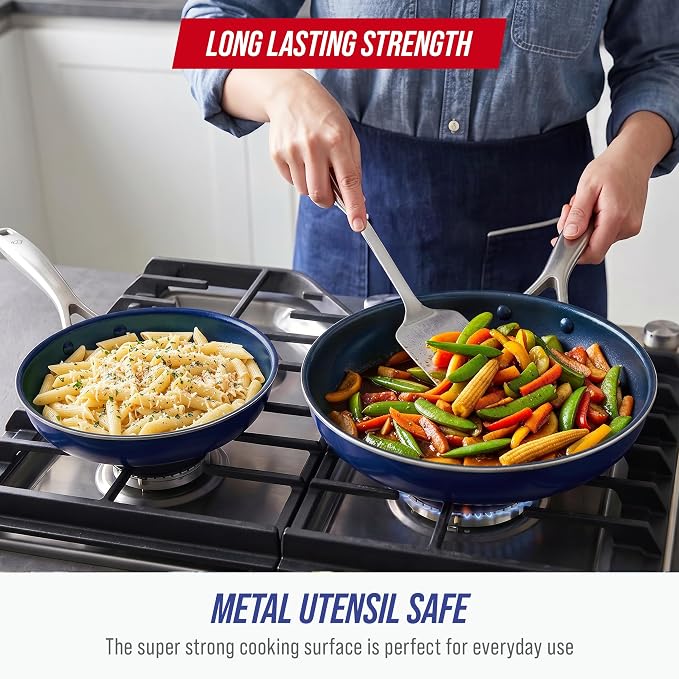 Blue Diamond 2 Piece Nonstick Frying Pan Set, 9.5” & 11" Skillets, PFAS-Free Ceramic, Dishwasher & Oven Safe, Stainless Steel Handle, Durable Metal Utensil Safe, Egg & Omelet Pans, Blue | 9.5" x 11" Skillets, PFAS-Free Ceramic Nonstick, Dishwasher & Ov...