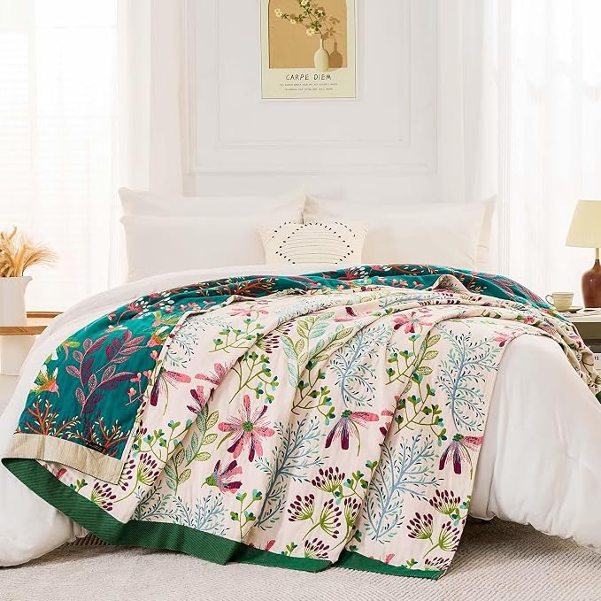 XIBLC Boho Throw Blanket for Bed, 100% Cotton Soft Rustic Quilt Fall Blanket, 80" 90" Floral Printed Farmhouse Decor Bed Blankets, All Season Rustic Reversible Bohemian Throw Quilt